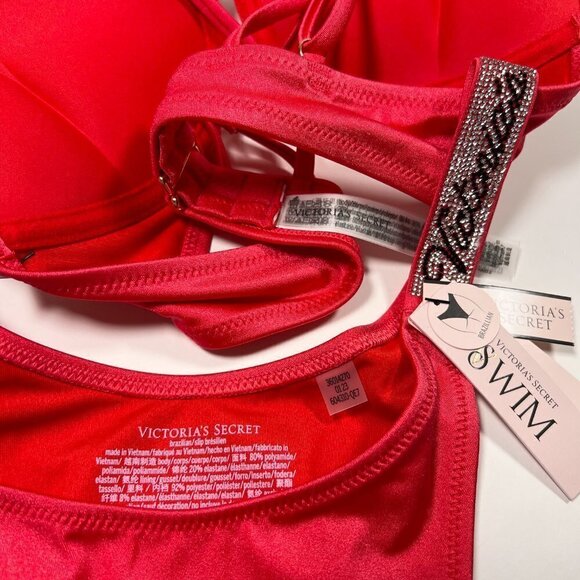 Victoria Secret 32D S Bombshell Push Up Top Bikini Set Logo Shine Strap Pink - Picture 11 of 14